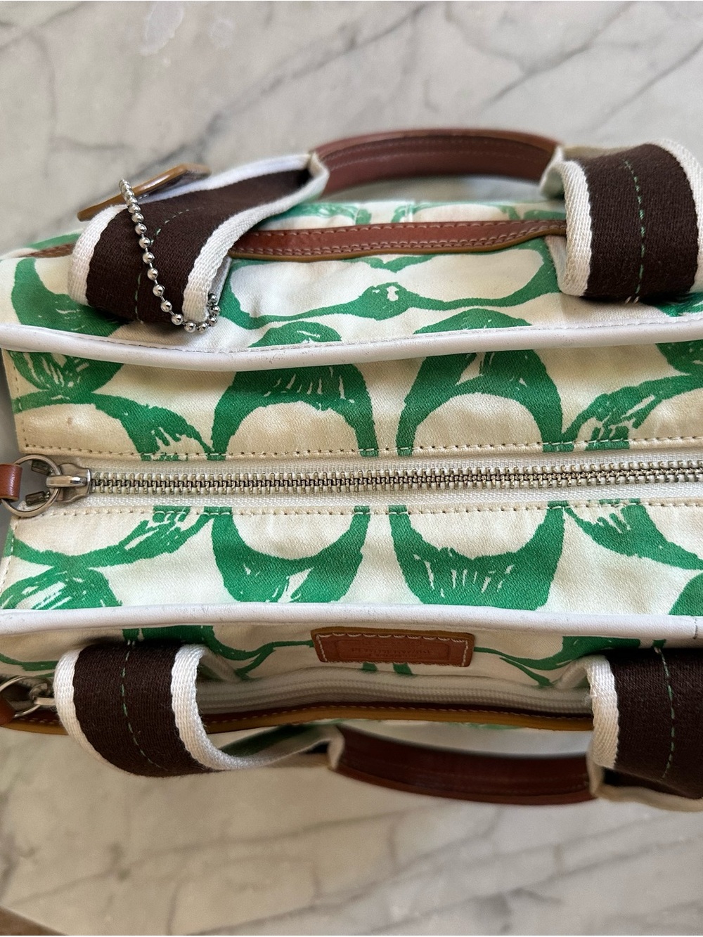 Coach Canvas Tote Bag with Green Print and Brown Leather Trim - Picture 5 of 9